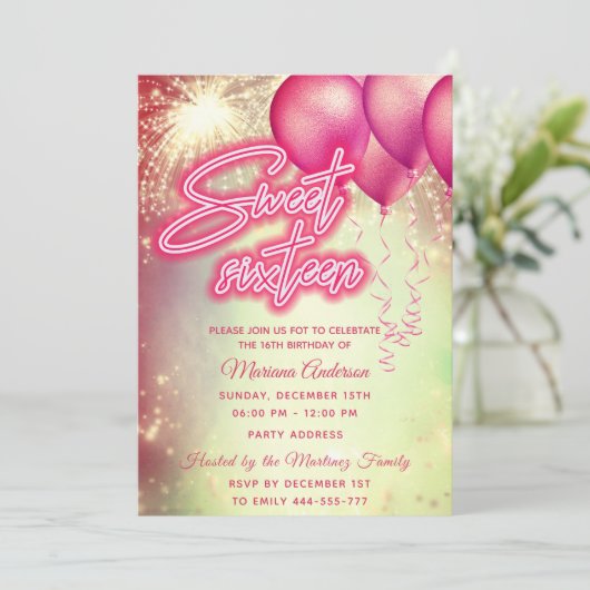 Heet roze ballon vuurwerk gouden schittering kaart (Staand voorkant)