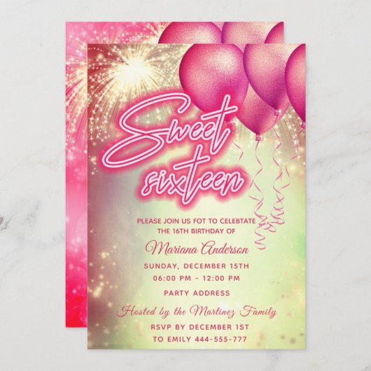 Heet roze ballon vuurwerk gouden schittering kaart (Voorkant / Achterkant)