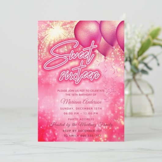 Heet roze ballon vuurwerk gouden schittering kaart (Staand voorkant)