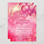 Heet roze ballon vuurwerk gouden schittering kaart (Voorkant / Achterkant)