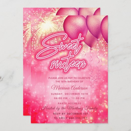 Heet roze ballon vuurwerk gouden schittering kaart (Voorkant / Achterkant)