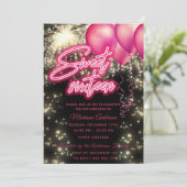 Heet roze ballon vuurwerk gouden schittering kaart (Staand voorkant)