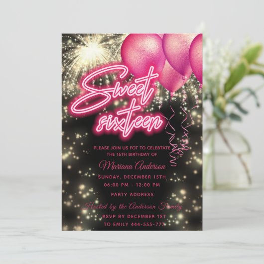 Heet roze ballon vuurwerk gouden schittering kaart (Staand voorkant)