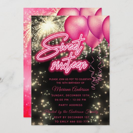 Heet roze ballon vuurwerk gouden schittering kaart (Voorkant / Achterkant)