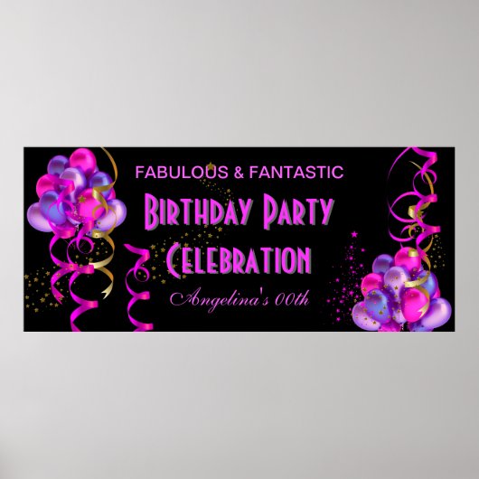 HEET ROZE Banner Verjaardagsfeest Viering Zwart Poster (Voorkant)