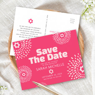 Heet Roze Bat Mitzvah Save the Date Starburst Vet Uitnodiging Briefkaart