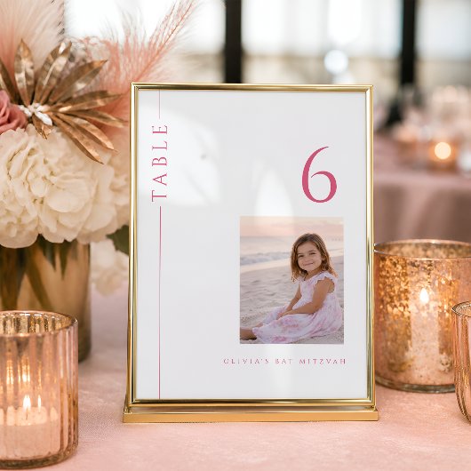 Heet roze Bat Mitzvah tafelnummer met foto