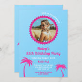 Heet Roze & Blauw Moderne Foto 35e Verjaardag Kaart (Voorkant / Achterkant)