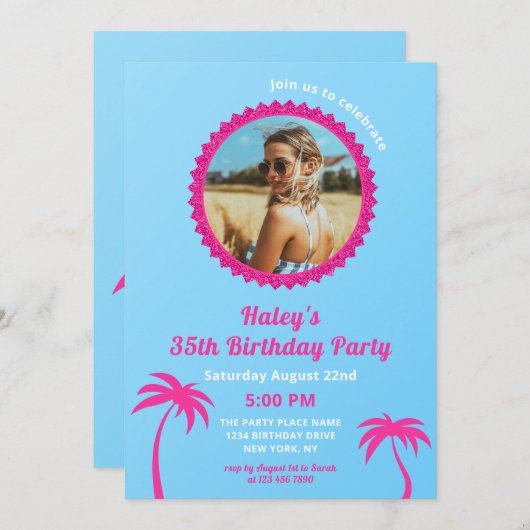 Heet Roze & Blauw Moderne Foto 35e Verjaardag Kaart (Voorkant / Achterkant)