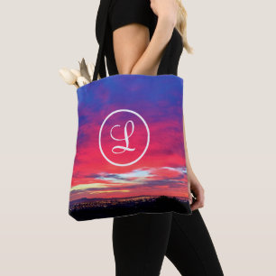 Heet roze blauw zonsondergang foto aangepaste mono tote bag