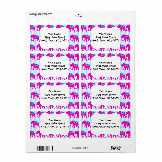 Heet Roze Blauwgroen Turquoise Blauwe Olifanten op Etiket (Full Sheet)