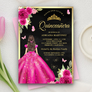 Heet Roze Bloem Vlinder Zwart Goud Quinceanera Kaart