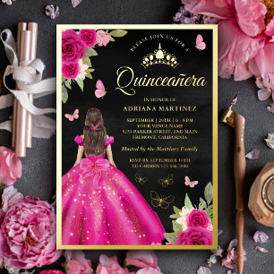 Heet Roze Bloem Vlinder Zwart Quinceanera Goud Folie Uitnodiging