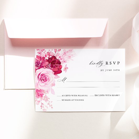 Heet Roze Bloemachtige Bruiloft RSVP Kaartje