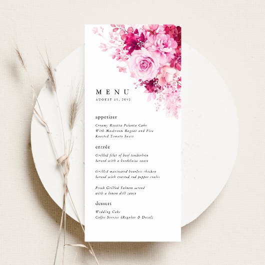 Heet Roze Bloemachtige Bruiloftsreceptie Diner Men Menu