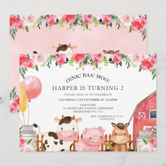 Heet Roze Bloemen Boerderij Dieren Ballonnen Verja Kaart (Voorkant / Achterkant)