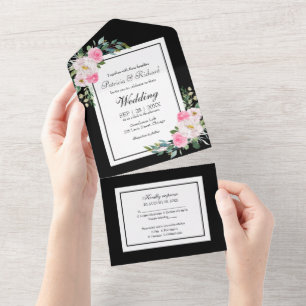 Heet Roze Bloemen op Zwarte Elegante Trouwjurk All In One Uitnodiging