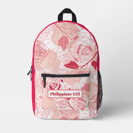 Heet Roze Bloemen Patroon met Bijbelvers Bedrukte Rugzak (Voorkant)