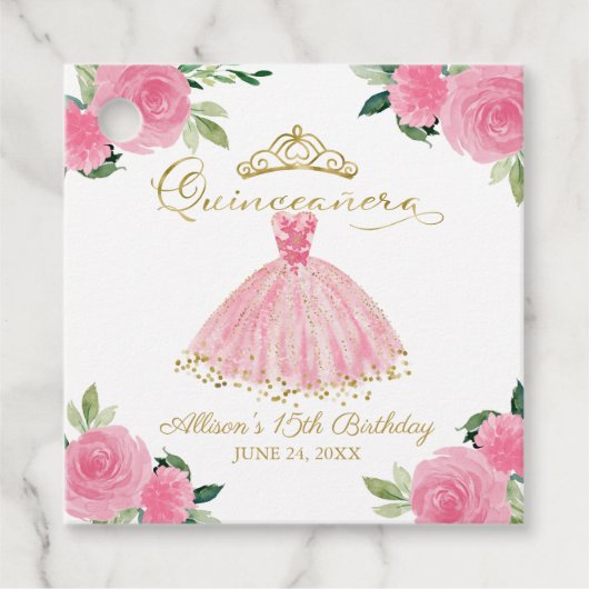 Heet Roze Bloemen Quinceanera Bedankjes Labels (Voorkant)