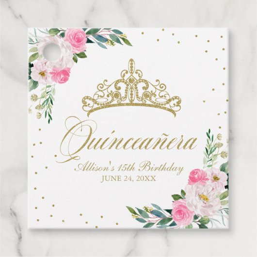 Heet Roze Bloemen Quinceanera Bedankjes Labels (Voorkant)