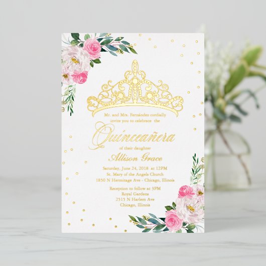 Heet Roze Bloemen Quinceanera Folie Uitnodiging (Staand Voorkant)