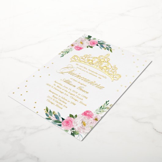 Heet Roze Bloemen Quinceanera Folie Uitnodiging (Gedraaid)