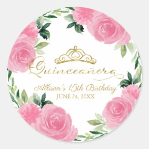 Heet Roze Bloemen Quinceanera Ronde Sticker