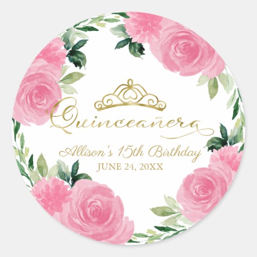 Heet Roze Bloemen Quinceanera Ronde Sticker (Voorkant)