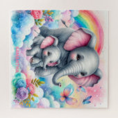 Heet roze bloemen schattig baby olifant en mama legpuzzel (Horizontaal)