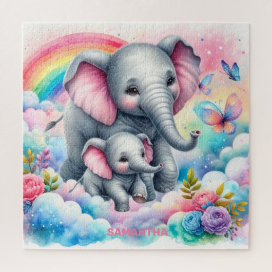 Heet roze bloemen schattig baby olifant en mama legpuzzel (Verticaal)