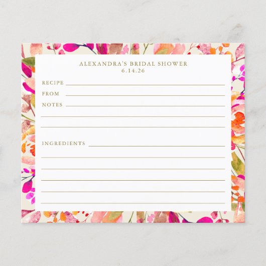 Heet Roze Bloemen Vrijgezellenfeest Recept Kaart (Voorkant)