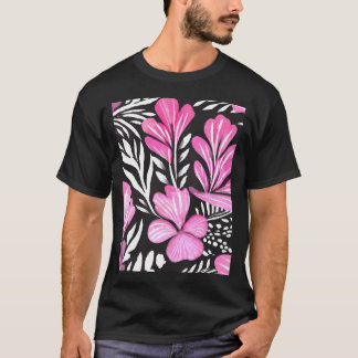 Heet Roze Bloemen Waterverf Patroon met Zwarte tin T-shirt