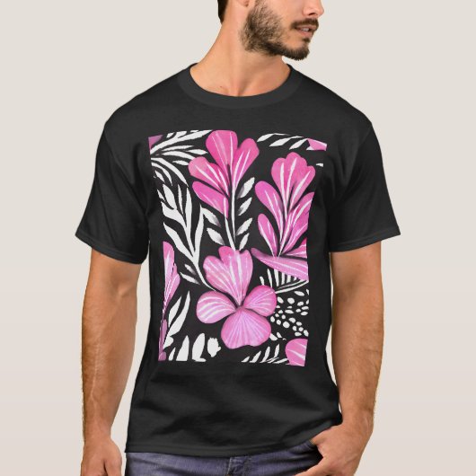 Heet Roze Bloemen Waterverf Patroon met Zwarte tin T-shirt (Voorkant)