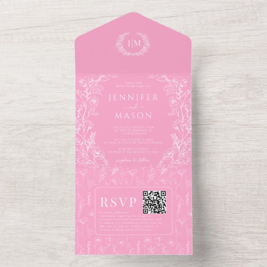 Heet roze bloemenbohemian bruiloft all in one uitnodiging (Binnen)