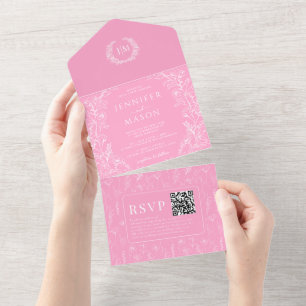 Heet roze bloemenbohemian bruiloft all in one uitnodiging