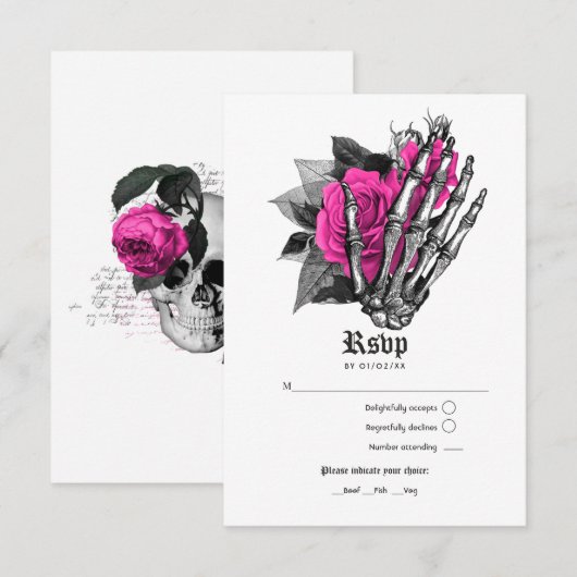 Heet-roze bloemgotische bruiloft RSVP kaartje (Voorkant / Achterkant)