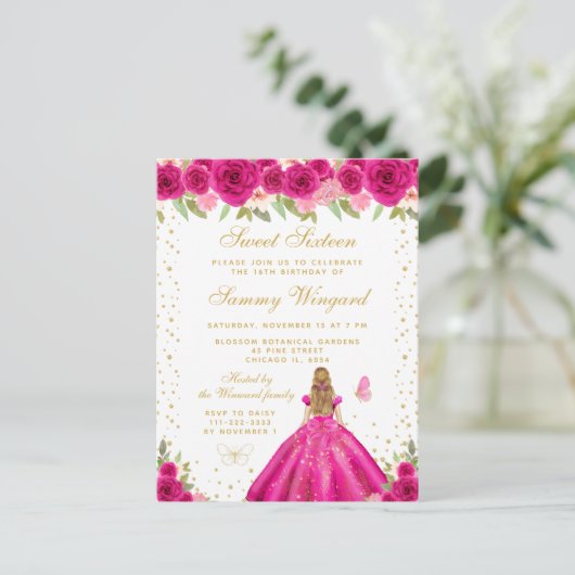 Heet roze bloemige blonde haren prinses Sweet Sixt Briefkaart (Staand voorkant)