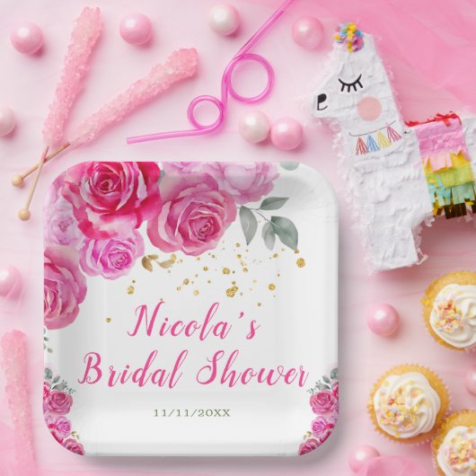 Heet Roze Bloemige Bruidsuitnodiging Papieren Bordje (Feest)