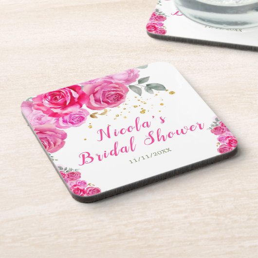 Heet Roze Bloemige Bruiloft Feest Bier Onderzetter (Linkerzijde)