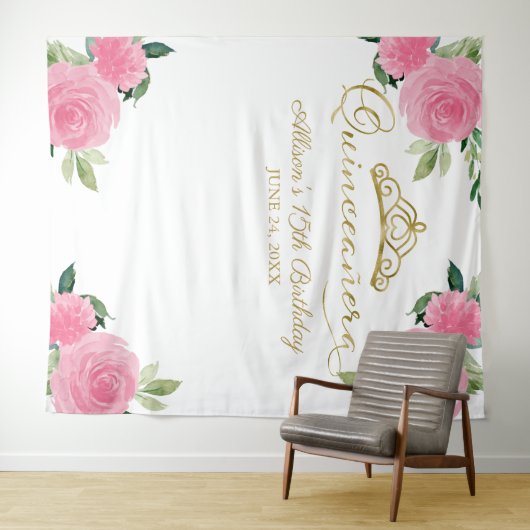 Heet Roze Bloemige Quinceanera Achtergrond Wandkleed (In Situ (horizontaal))