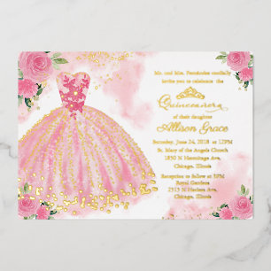 Heet Roze Bloemige Quinceanera Folie Uitnodiging