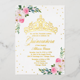 Heet Roze Bloemige Quinceanera Folie Uitnodiging