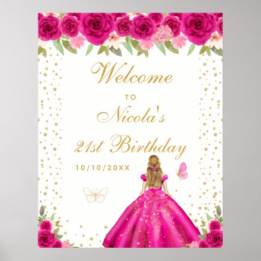 Heet Roze Blond Haar Meisje Verjaardagsfeest Verwe Poster (Voorkant)