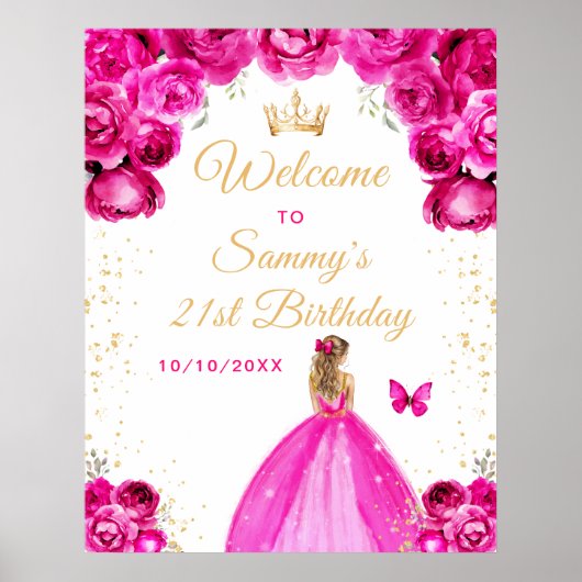 Heet Roze Blond Haar Prinses Verjaardag Welkom Poster (Voorkant)