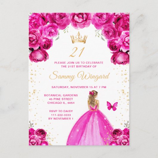 Heet roze blond haar prinses verjaardagsfeestje briefkaart (Voorkant)