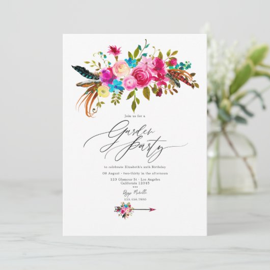 Heet-roze Boho Chic Bloementuinfeest Kaart (Staand voorkant)