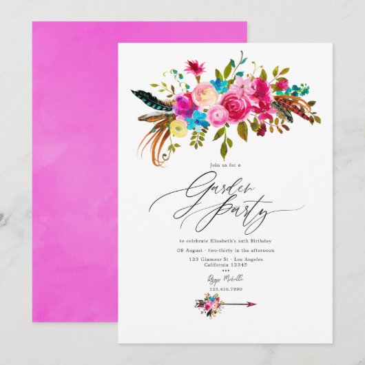 Heet-roze Boho Chic Bloementuinfeest Kaart (Voorkant / Achterkant)