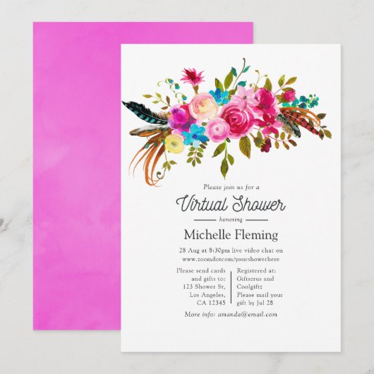 Heet-roze Boho Chic Bloemrijke Virtuele Baby Showe Kaart (Voorkant / Achterkant)