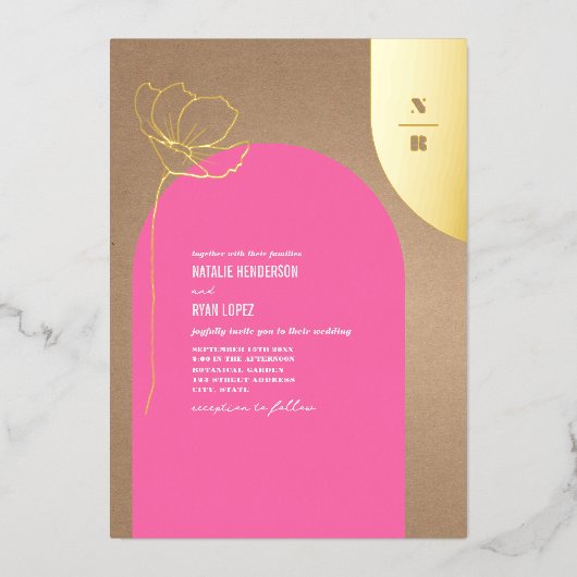 Heet Roze Boog Bloem Monogram Folie Uitnodiging (Voorkant)