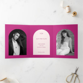 Heet Roze Boog Foto Bruiloft Save the Date Drieluik Aankondiging
